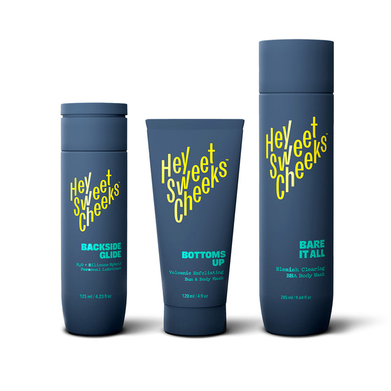 Complete skincare and sexcare set with Bottoms Up volcanic clay mask and Backside Glide hybrid lubricant for smooth, glowing skin and friction-free play.